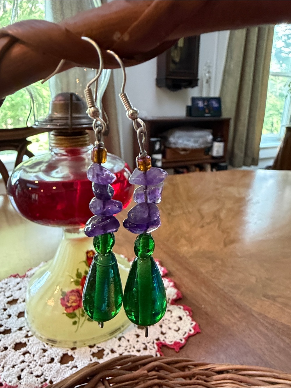 Green and Purple Glass Teardrop Dangle Earrings with Silver Hooks